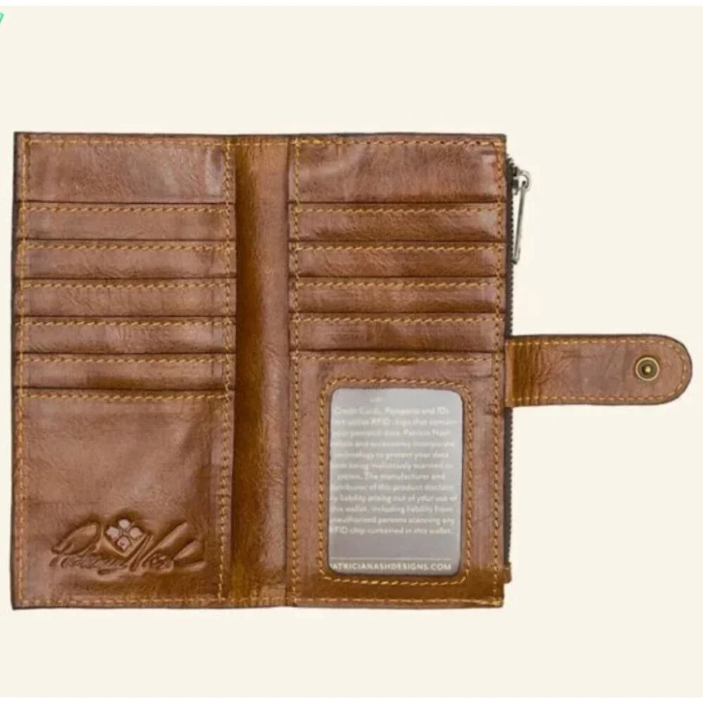Patricia Nash NAZARI Leather Bifold Wallet Floral Sienna Sunset Brown